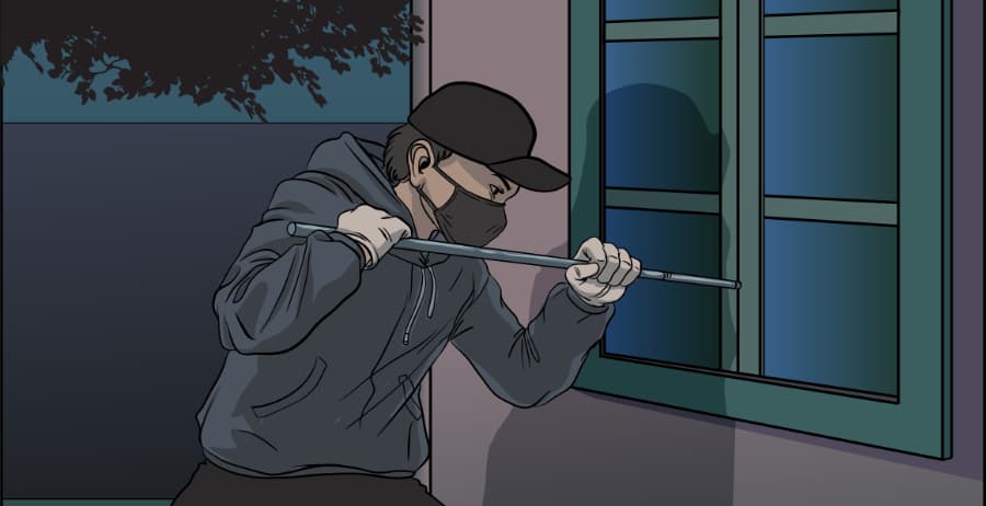 Illustration of burglar forcing entry through a window in Seattle