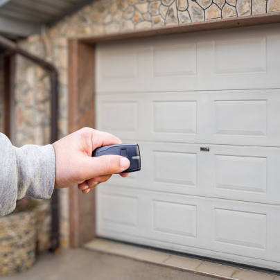Seattle security key fob pointing to a garage door